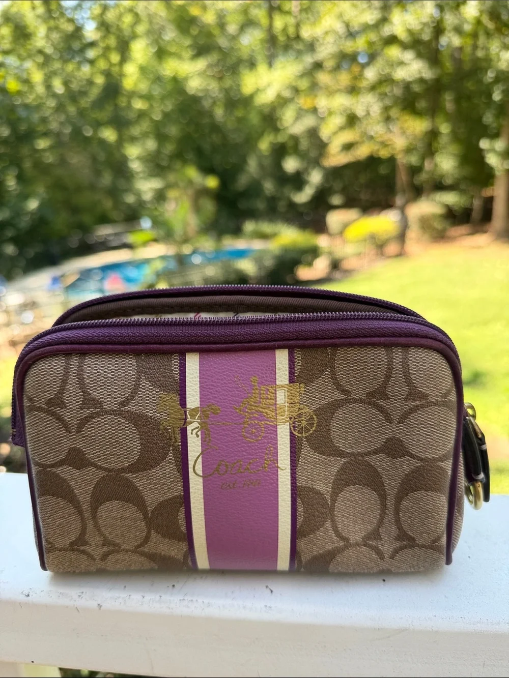 Vintage Coach Signature Canvas Cosmetic Pouch in Tan & Purple Tattersall lining
